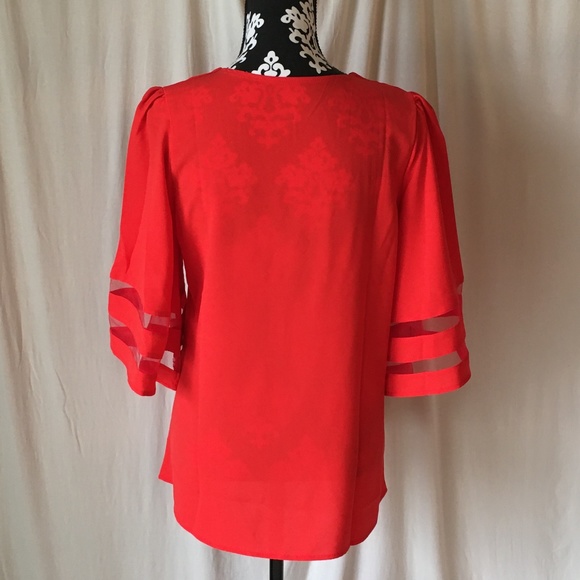 Red Bell Sleeve Tunic Swing Blouse Contrast Mesh Panels on Sleeves, NWOT, Small - Picture 6 of 15